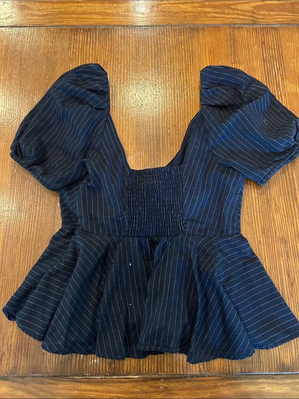 Free People Navy Pinstripe Peplum Wrap Blouse